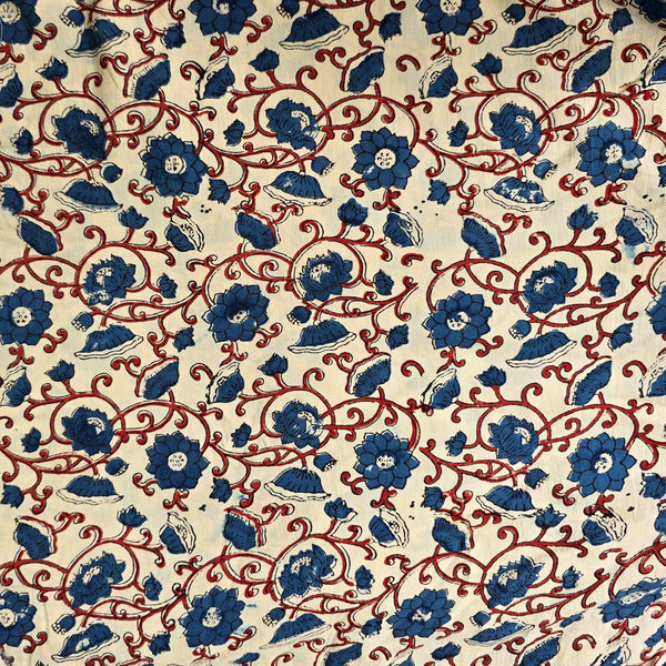 Pure Cotton Double Ajrak Cream With Red And Blue Flower Jaal Hand Block Print Fabric