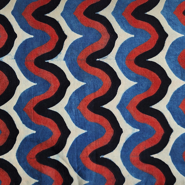 Pure Cotton Double Ajrak Cream With Red Blue Black Waves Hand Block Print Fabric