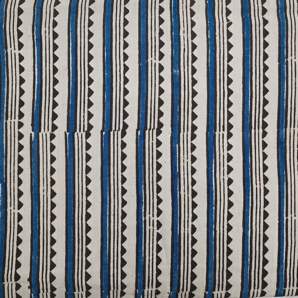 ( Pre-Cut 1.95 Meter ) Pure Cotton Double Ajrak Cream With black And Blue Border Hand Block Print Fabric