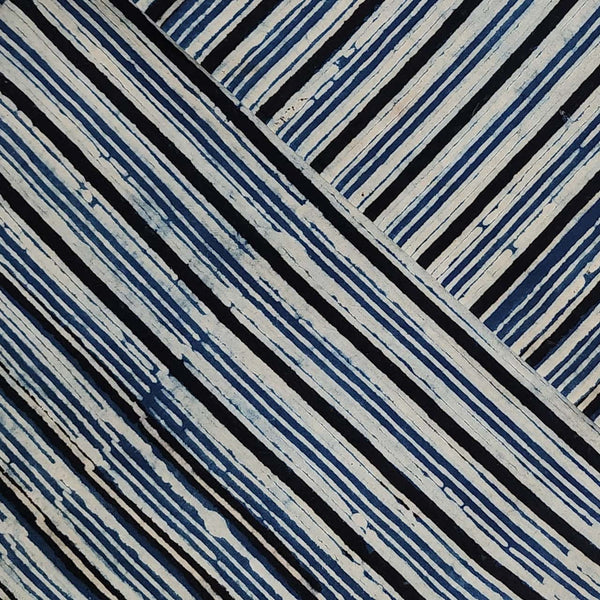 Pre cut (0.90) Pure Cotton Double Ajrak Light Blue Black Stripes Hand Block Print Fabric