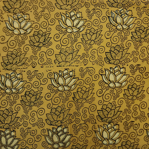 Per Cut (1.78 Meter) Pure Cotton Double Ajrak Mustard With Green And Cream Lotus Jaal Hand Block Print Fabric