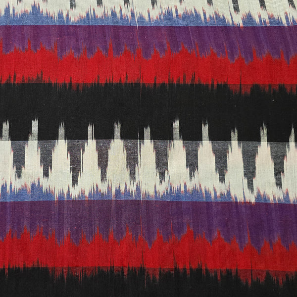 Pure Cotton Double Ikkat With Black White Red And Purple Zig Zag Woven Fabric