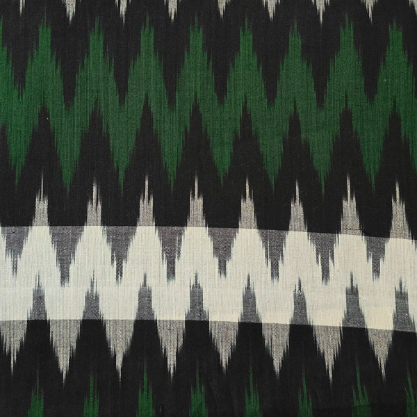 Pure Cotton Double Ikkat With Green Black And White Woven Weaves Fabric
