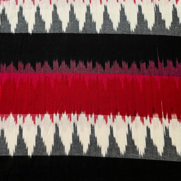 Pure Cotton Double Ikkat With  Red  Pink Black White And Grey Zig Zag Woven Fabric