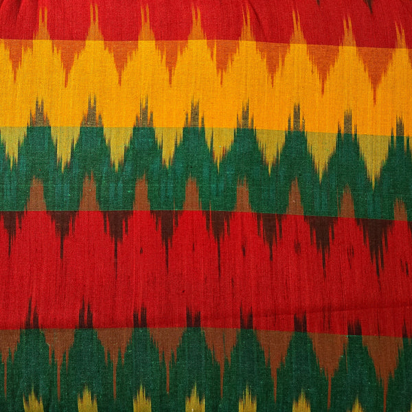 Pure Cotton Double Ikkat With Red Green  Mustard Yellow Weaves Woven Fabric