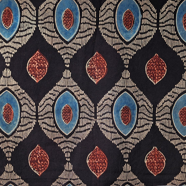 Pure Cotton Gad Ajrak Black With Red Blue Avocado Design Hand Block Print Fabric