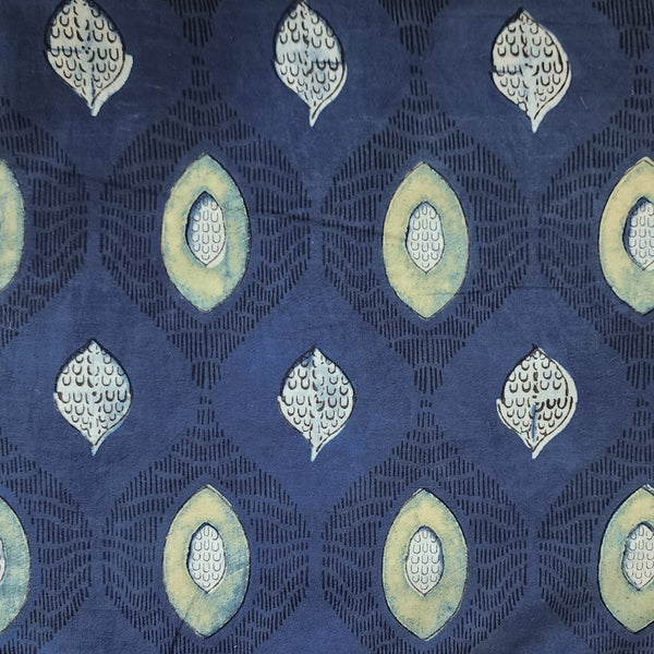 Pure Cotton Gad Ajrak Blue With Mint Green Avocado Design Hand Block Print Fabric