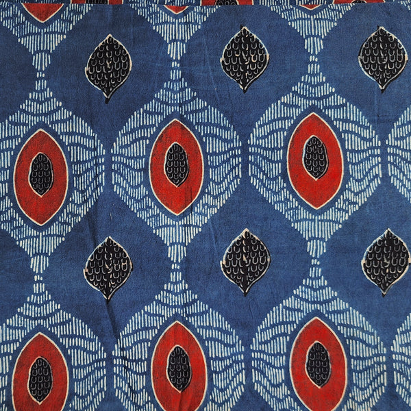 Pure Cotton Gad Ajrak Blue With Red Black Avocado Design Hand Block Print Fabric