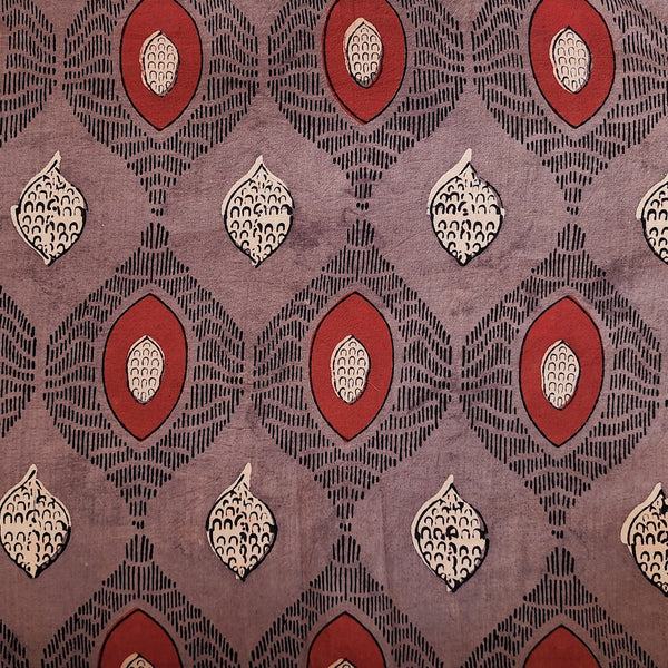 Pure Cotton Gad Ajrak Brown With Red Cream Avocado Design Hand Block Print Fabric