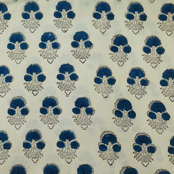 ( Pre-Cut 1.35 Meter ) Pure Cotton Gad Ajrak Cream With Blue  Broccoli Flower Motif Hand Block Print Fabric