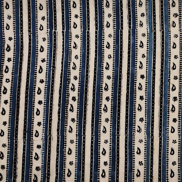 Pure Cotton Gad Ajrak Off White With Black And Blue Intricate Design Border Hand Block Print Fabric