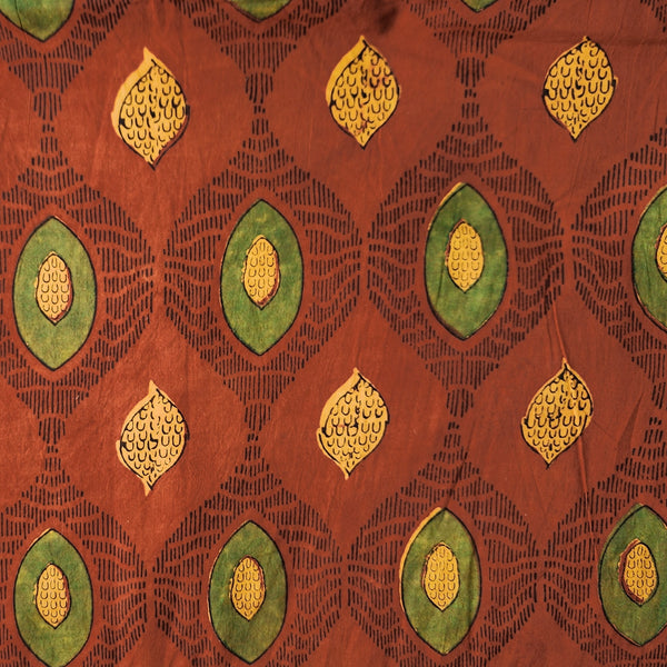 Pure Cotton Gad Ajrak Rust Orange  With Green Yellow Avocado Design Hand Block Print Fabric