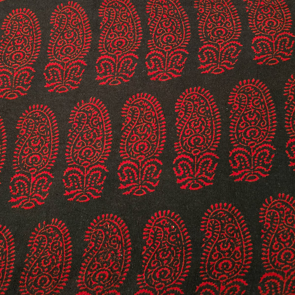 Pure Cotton Gamthi Black With Red Big Fat Kairi Design Hand Block Print Fabric