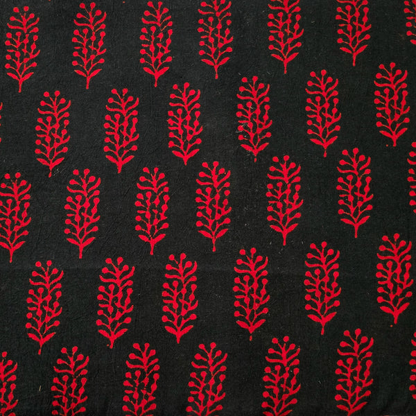 Pure Cotton Gamthi Black With Red Motif Hand Block Print Fabric