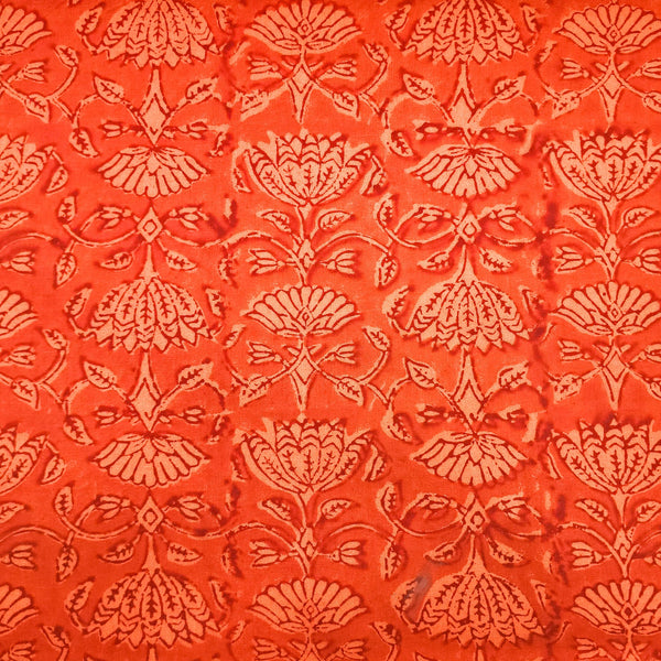 ( Pre-Cut 1.15 Meter ) Pure Cotton  Gamthi Candy Orange With Intricate Flower Jaal Hand Block Print Fabric