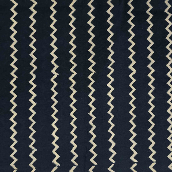 ( Pre-Cut 1.25 Meter ) Pure Cotton Gamthi Navy Blue With White Zig-Zag Hand Block Print Fabric