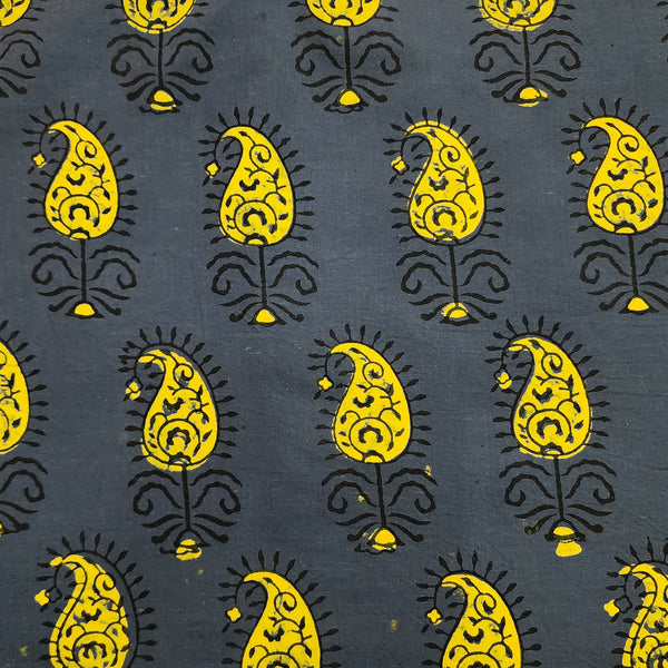 ( Pre-Cut 1.75 Meter )  Pure Cotton Gamthi Grey With Yellow Kairi Hand Block Print Fabric