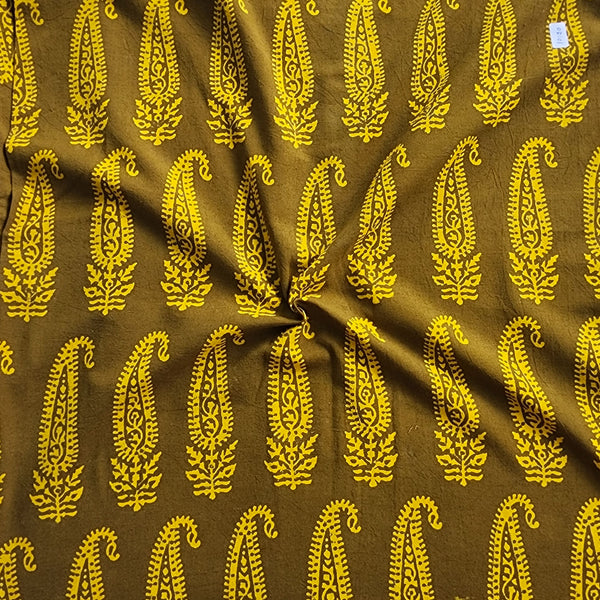 Pure Cotton Gamthi Mehendi Green With Yellow Big Kairi Design Hand Block Print Fabric