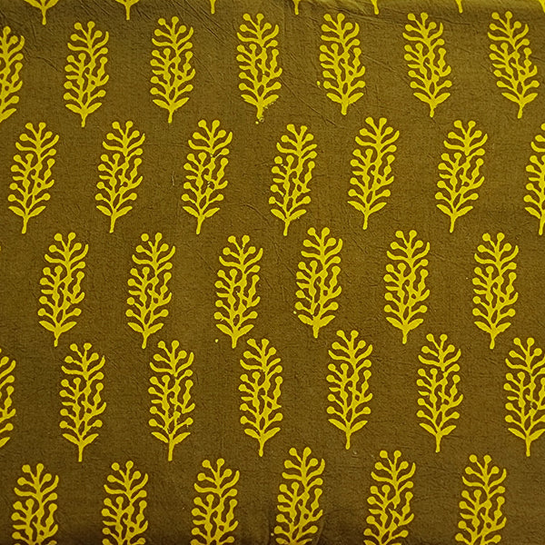 Pure Cotton Gamthi Mehendi Green With Yellow Motif Hand Block Print Fabric