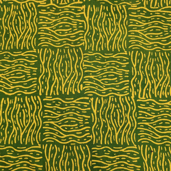 Pure Cotton Gamthi Mehendi Green With Yellow Intricate Design Hand Block Print Fabric