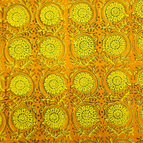 Pure Cotton Gamthi Mustard With Yellow Flower Jaal Hand Block Print Fabric