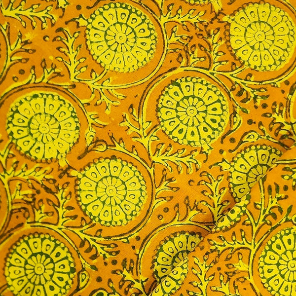 Pre Cut ( 1.15 Meter)Pure Cotton Gamthi Mustard With Yellow Flower Jaal Hand Block Print Fabric