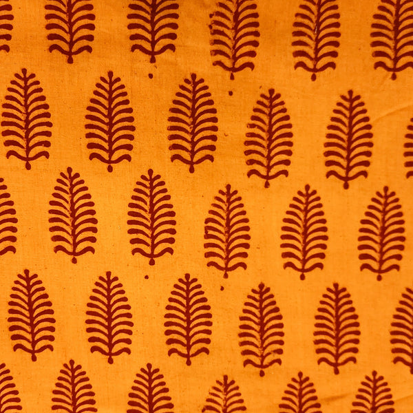 Pure Cotton Gamthi Orange With Maroon Leaves Motif Hand Block Print Fabric