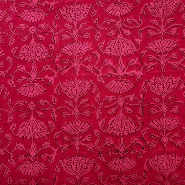 ( Pre-Cut 2.40 Meter ) Pure Cotton Gamthi Pink Lotus Flower Jaal Hand Block Print Fabric