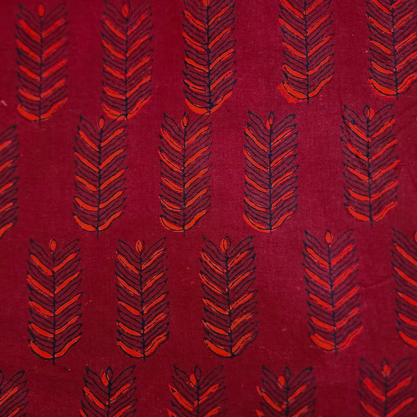 ( Pre-Cut 2.30 Meter ) Pure Cotton Gamthi Red With Orange Feather Motifs Hand Block Print Fabric