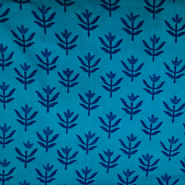 Pre Cut ( 0.95 Meter) Pure Cotton Gamthi Teal Green With Self Intricate Flower Motif Hand Block Print Fabric