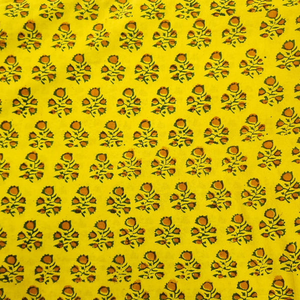 ( PRE-CUT 1.36 METER ) Pure Cotton Gamthi Yellow With Green And Mustard Flower Motif Hand Block Print Fabric