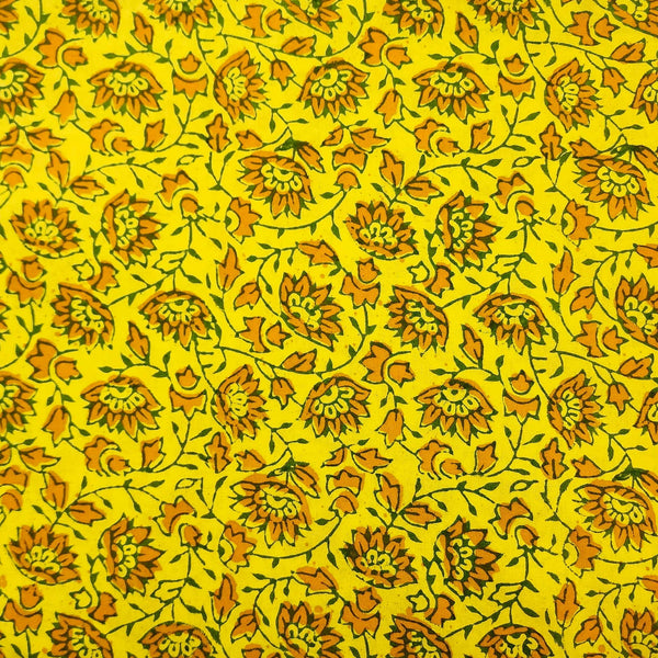 Pure Cotton Gamthi Yellow With Green Flower Jaal Hand Block Print Fabric