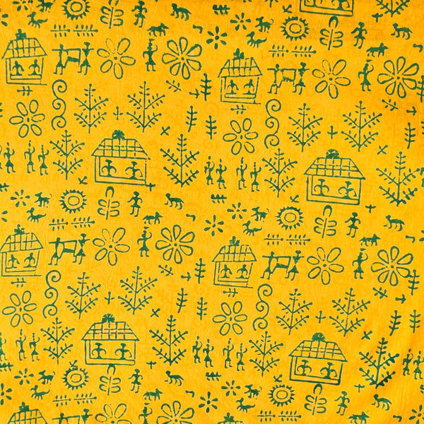 Pure Cotton Gamthi Yellow With Green Village Hand Block Print Fabric