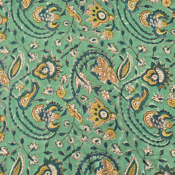 Pre Cut (0.95 Meter) Pure Cotton Green With Small Yellow Flower Jaal Hand Block Print Fabric