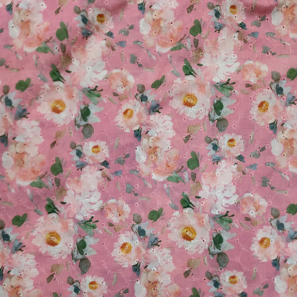 ( Width 42 Inches ) Pure Cotton Hakoba Baby Pink  With Cream Floral Flower Jaal Screen Print Fabric