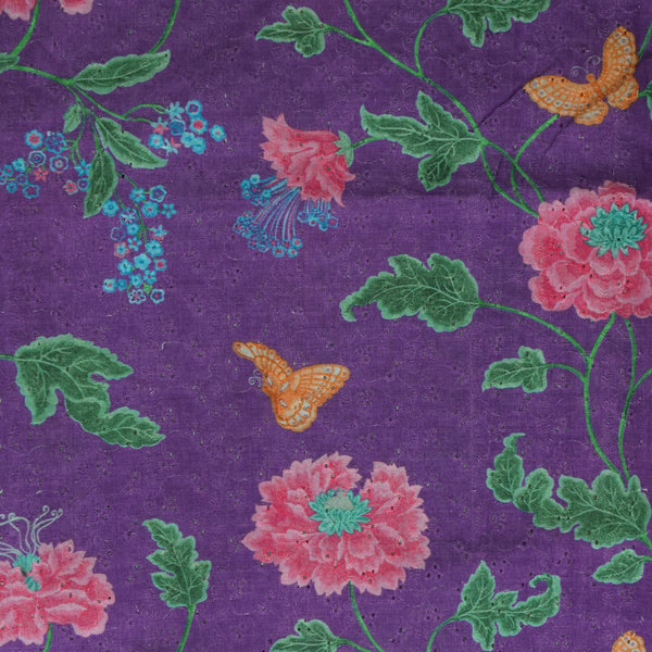 ( Width 44 Inches ) Pure Cotton Hakoba Dark Purple With Pink And Dark Green Flower Jaal  Hand Block Print Fabric