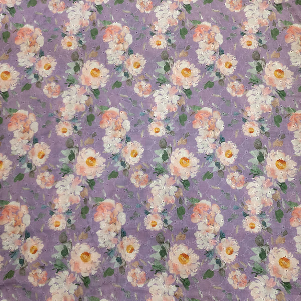 ( Width 42 Inches ) Pure Cotton Hakoba Floral Purple With Cream And Green Floral Rose Flowers Screen Print Fabric