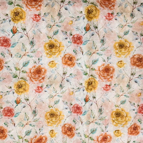 ( Width 42 Inches ) Pure Cotton Hakoba Light Floral Orange With Mustard Rose Jaal Hand Block Print Fabric