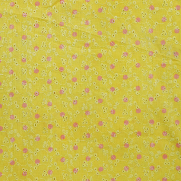 (Width 44 Inches ) Pure Cotton Hakoba Yellow With Tiny Pink Polka Dots Hand Block Print Fabric