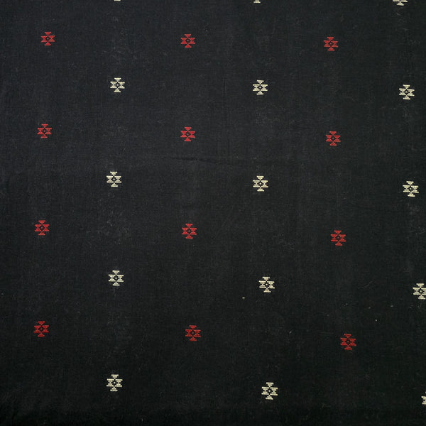 Pre Cut ( 1.50 Meter)Pure Cotton Handloom Black With Cream And Red Motif Hand Woven Fabric