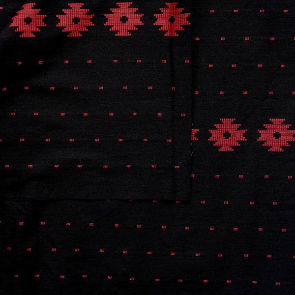 Pre-Cut 0.85 Meter Pure Cotton Handloom Black With Red Big Border With Butti Design Woven Fabric