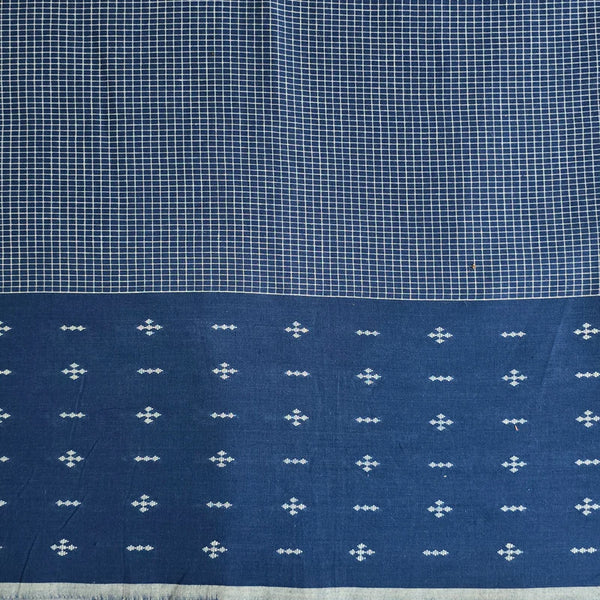 ( PRE-CUT 0.80 METER ) Pure Cotton Handloom Blue And White Small Checks And Big Border Design Hand Woven Fabric