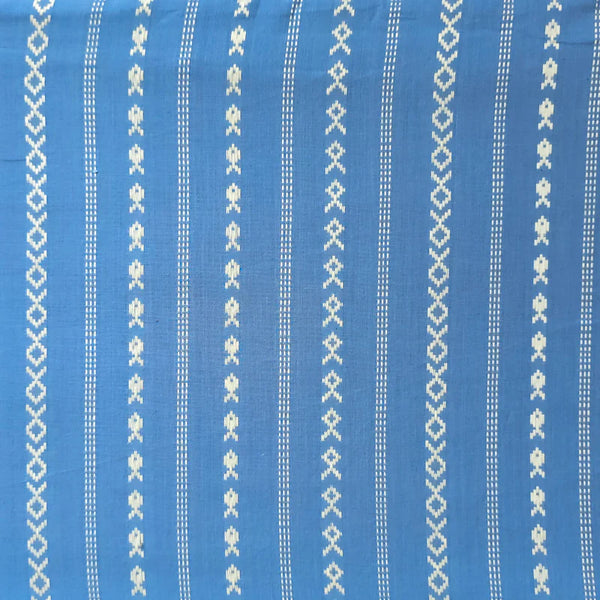 ( PRE-CUT 1 METER ) Pure Cotton Handloom Blue With White Fish Border Design Hand Woven Fabric