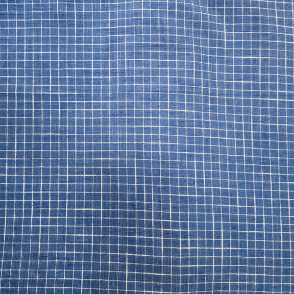 ( Pre-Cut 1.20 Meter ) Pure Cotton Handloom Blue With White Small Checks Hand Block Print Fabric