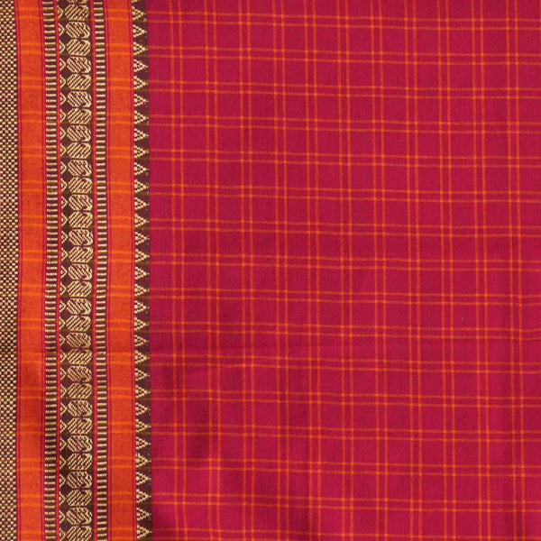 (Pre-Cut 0.80 Meter) Pure Cotton Handloom Checks Pink With Orange And Border Hand Woven Fabric