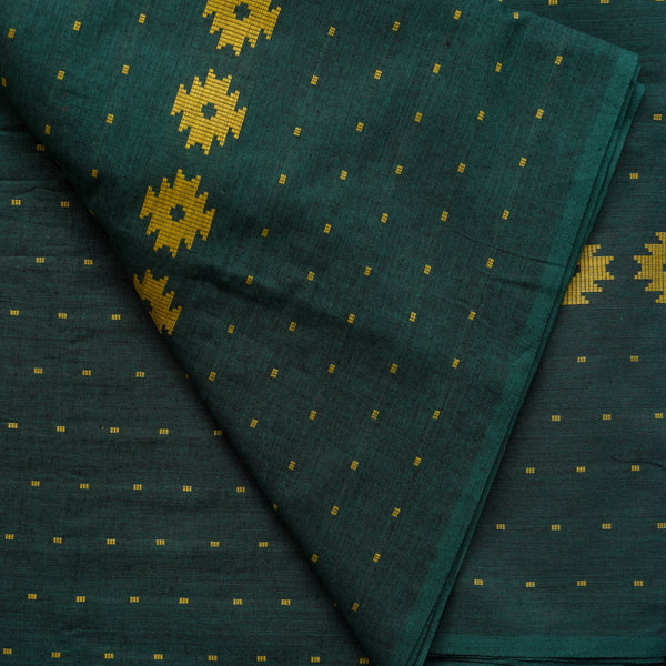 Pure Cotton Handloom Dark Green With Light Green Big Border With Butti Design Woven Fabric