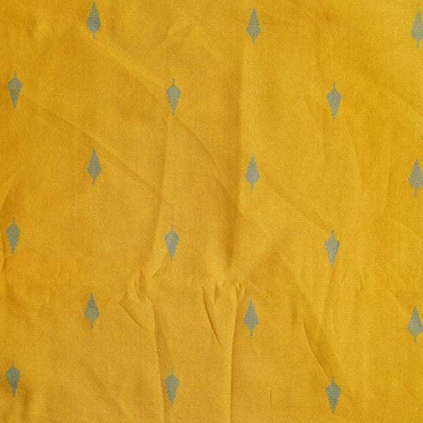 ( Pre-Cut 1.39 Meter )Pure Cotton Handloom Dark Mustard With Green Leaves Motif Woven Fabric