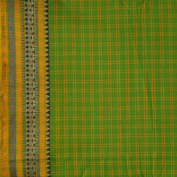 Pre Cut ( 1.90 Meter)Pure Cotton Handloom Green With Yellow Checks And Border Hand Woven Fabric