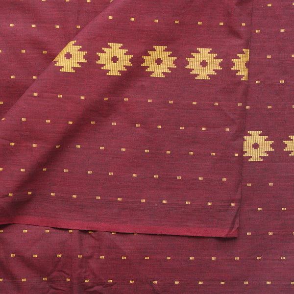 Pure Cotton Handloom Maroon With Mustard Big Border With Butti Design Woven Fabric