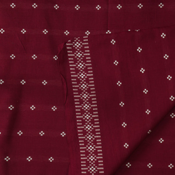 ( Pre-Cut 1.33 Meter ) Pure Cotton Handloom Maroon With White Small Plus Hand Woven Fabric